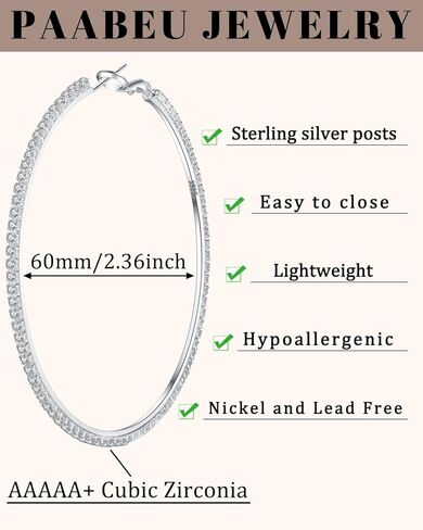 PABBEU 2mm 925 Sterling Silver Earrings Big Sterling Silver Hoop Earrings for Women Large Rhinestone Hoop Earrings Thin Hypoallergenic Cubic Zirconia Earrings for Women 30/40/50/60/70mm in Kuwait