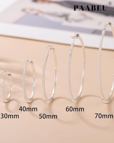 PABBEU 2mm 925 Sterling Silver Earrings Big Sterling Silver Hoop Earrings for Women Large Rhinestone Hoop Earrings Thin Hypoallergenic Cubic Zirconia Earrings for Women 30/40/50/60/70mm in Kuwait