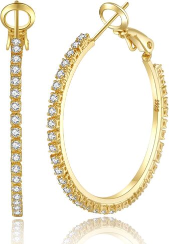 PABBEU 2mm 925 Sterling Silver Earrings Big Sterling Silver Hoop Earrings for Women Large Rhinestone Hoop Earrings Thin Hypoallergenic Cubic Zirconia Earrings for Women 30/40/50/60/70mm in Kuwait