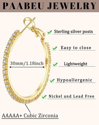 PABBEU 2mm 925 Sterling Silver Earrings Big Sterling Silver Hoop Earrings for Women Large Rhinestone Hoop Earrings Thin Hypoallergenic Cubic Zirconia Earrings for Women 30/40/50/60/70mm in Kuwait