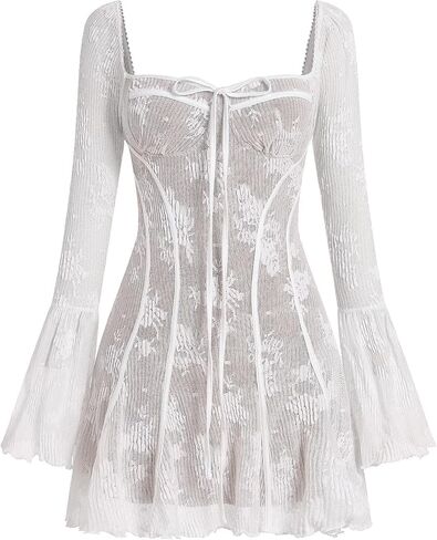 Women's Short Corset Y2k Mini Dress Long Sleeve Low Cut Lace Dress Vintage Solid Floral Party Dresses in Kuwait