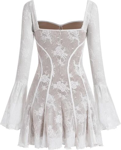 Women's Short Corset Y2k Mini Dress Long Sleeve Low Cut Lace Dress Vintage Solid Floral Party Dresses in Kuwait