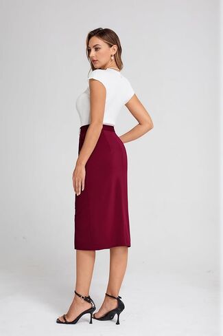 تنورة ضيقة للسيدات من Belle Poque بخصر عالٍ، تنورة كاجوال للعمل والمكتب، تنورة متوسطة الطول بفتحة in Kuwait