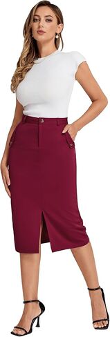 تنورة ضيقة للسيدات من Belle Poque بخصر عالٍ، تنورة كاجوال للعمل والمكتب، تنورة متوسطة الطول بفتحة in Kuwait