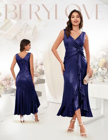 BeryLove Formal Dress Wedding Guest Sparkly Christmas Evening Prom Elegant Split Midi Cocktail Glitter Dress in Kuwait