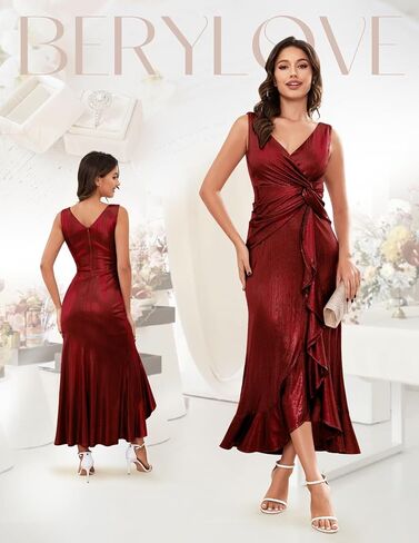 BeryLove Formal Dress Wedding Guest Sparkly Christmas Evening Prom Elegant Split Midi Cocktail Glitter Dress in Kuwait