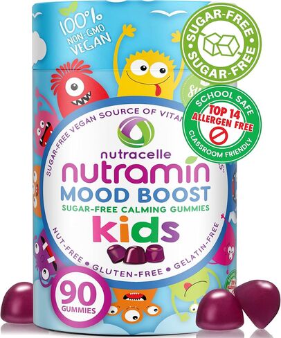 NUTRAMIN Kids Mood Boost Vegam Vitamin Gummy: مكملات سيترات المغنيسيوم المهدئة للأطفال مع مركب أشواغاندا وفيتامين ب للاسترخاء والتركيز - خالية من السكر، آمنة للحساسية، غير معدلة وراثيًا، 90 قيراط in Saudi Arabia