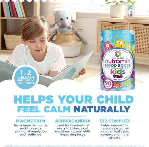 NUTRAMIN Kids Mood Boost Vegam Vitamin Gummy: مكملات سيترات المغنيسيوم المهدئة للأطفال مع مركب أشواغاندا وفيتامين ب للاسترخاء والتركيز - خالية من السكر، آمنة للحساسية، غير معدلة وراثيًا، 90 قيراط in Saudi Arabia