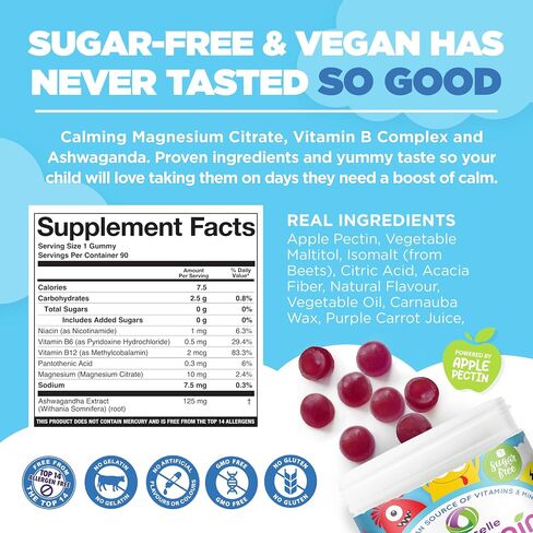 NUTRAMIN Kids Mood Boost Vegam Vitamin Gummy: مكملات سيترات المغنيسيوم المهدئة للأطفال مع مركب أشواغاندا وفيتامين ب للاسترخاء والتركيز - خالية من السكر، آمنة للحساسية، غير معدلة وراثيًا، 90 قيراط in Saudi Arabia