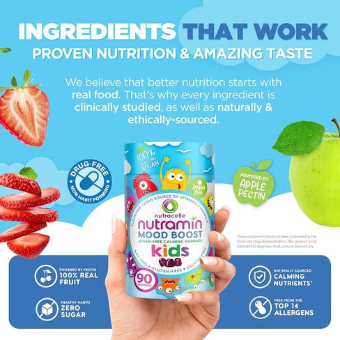 NUTRAMIN Kids Mood Boost Vegam Vitamin Gummy: مكملات سيترات المغنيسيوم المهدئة للأطفال مع مركب أشواغاندا وفيتامين ب للاسترخاء والتركيز - خالية من السكر، آمنة للحساسية، غير معدلة وراثيًا، 90 قيراط in Saudi Arabia