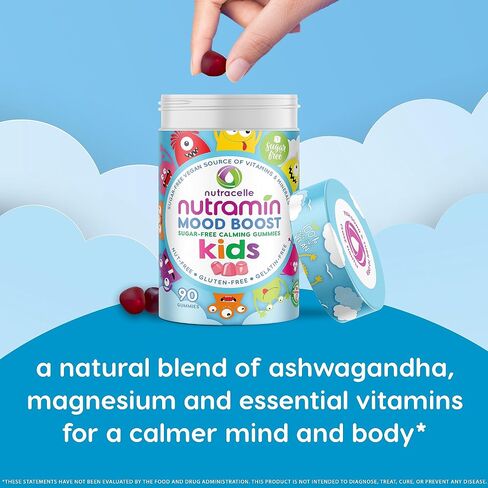 NUTRAMIN Kids Mood Boost Vegam Vitamin Gummy: مكملات سيترات المغنيسيوم المهدئة للأطفال مع مركب أشواغاندا وفيتامين ب للاسترخاء والتركيز - خالية من السكر، آمنة للحساسية، غير معدلة وراثيًا، 90 قيراط in Saudi Arabia