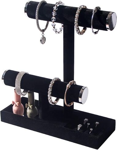 Byken 2 Tier Jewelry Holder,Necklace Bracelet Stand with Rings Tray,Black Velvet Jewelry Organizer with Metal Heads for Scrunchies Watches Chains in Kuwait