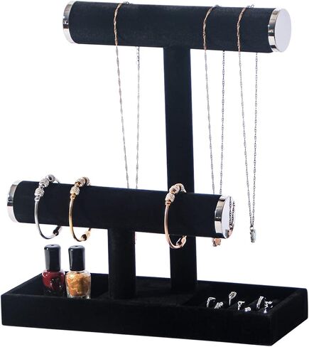 Byken 2 Tier Jewelry Holder,Necklace Bracelet Stand with Rings Tray,Black Velvet Jewelry Organizer with Metal Heads for Scrunchies Watches Chains in Kuwait