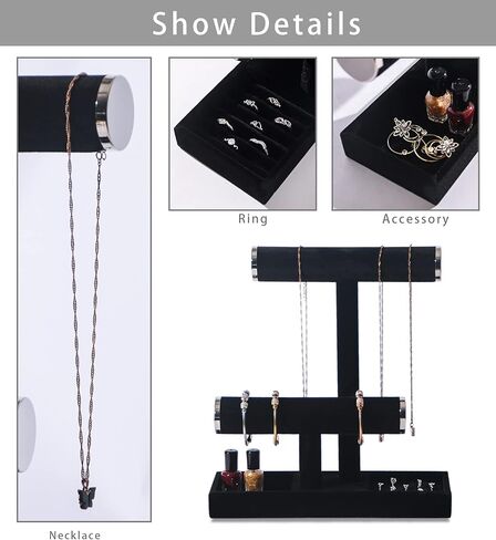 Byken 2 Tier Jewelry Holder,Necklace Bracelet Stand with Rings Tray,Black Velvet Jewelry Organizer with Metal Heads for Scrunchies Watches Chains in Kuwait