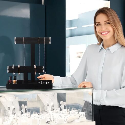 Byken 2 Tier Jewelry Holder,Necklace Bracelet Stand with Rings Tray,Black Velvet Jewelry Organizer with Metal Heads for Scrunchies Watches Chains in Kuwait