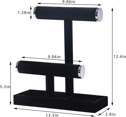 Byken 2 Tier Jewelry Holder,Necklace Bracelet Stand with Rings Tray,Black Velvet Jewelry Organizer with Metal Heads for Scrunchies Watches Chains in Kuwait