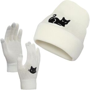 Vansolinne Cat Beanie Hat and Gloves for Women Winter White Knitted Hat Cat Mom Girls Gift Soft Cap Winter Christmas Accessories Cute Cat Lover Gifts