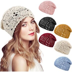 JenPen 6 Pcs Women Crochet Hat Slouchy Knit Beanie Cotton Handmade Knit Hat Summer Winter Soft Comfortable Floral Skull Cap(Classic Color)