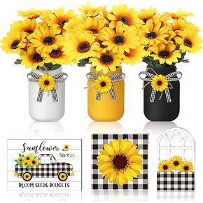 12 Pcs Christmas Sunflower Gifts for Women, Birthday Gifts, Sunflower Mason Jar Centerpieces, Wooden Sunflower Table Decor, Sunflower Tiered Tray Decor for Home Wedding Christmas