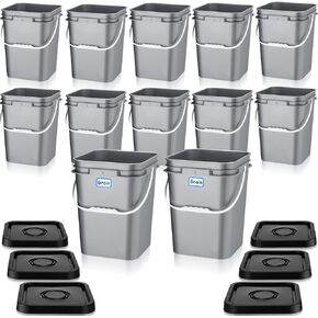 Vesici 12 Pcs Black 5 Gallon Square Bucket Pail with Plastic Handle and Lid Heavy Duty Storage Food Container with DIY Label Sticker for Food Multipurpose Paint Water Art Crafts Project