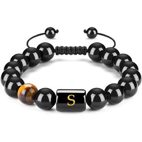 FRG Initials Bracelets for Men Letter Link Handmade Natural Black Onyx Tiger Eye Stone Beads Braided Rope Meaningful Bracelet