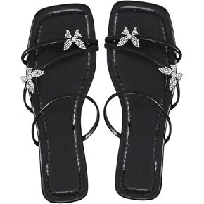 Women's Rhinestone Butterfly Strappy Slide Sandals Square Open Toe Glitter Elegant Flats