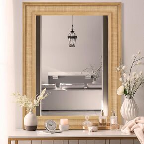 WallBeyond Rattan Wall Mirror Rectangle, 32 X 44 inch Rattan Mirror with Wooden Framed for Wall Decor Bathroom, Living Room, Entryway, Farmhouse, Bedroom