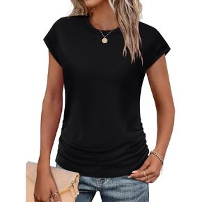 SAMPEEL Womens Summer Tops Trendy 2025 Ruched Cap Short Sleeve Tshirts Shirts Crew Neck T Shirts Fashion