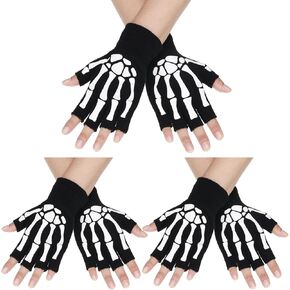 SATINIOR Skeleton Fingerless Gloves for Women Men Halloween Costume Unisex Skeleton Gloves Skull Goth Bone Half Finger Gloves