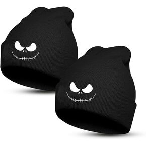 2-Pcs Womens Men Jack-Skellington-Beanie Knit-Hat Daily Ribbed Cap Gift Stylish Toboggan Skull