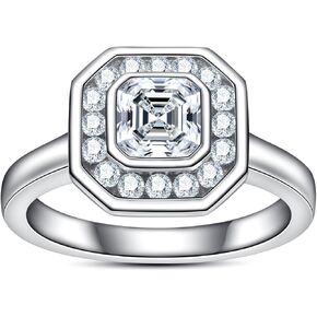 Moissanite Engagement Ring Asscher Cut Wedding Rings 1.12cttw D Color VVS1 Clarity 925 Sterling Silver Bezel Promise Ring Halo Anniversary Rings for Women with Certificate