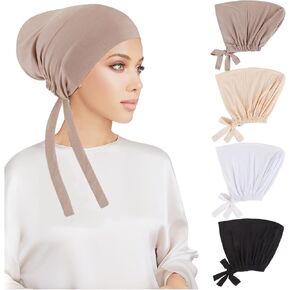 PHOGARY 4 Pcs Women Hijab Undercap, Islamic Muslim Under Hijab Cap Inner Under Scarf Hat Hijab Cap with Tie Back Closure Solid Color Underscarf Hijab Cap Turban Head Wraps for Women Chemo Sleep Cap(C)