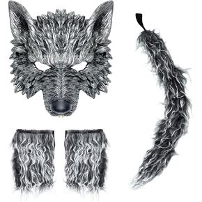 HyperFun Werewolf Costume Halloween Wolf Mask Gloves and Tails Set, Realistic Wolf Costume Cosplay Accessories Kit