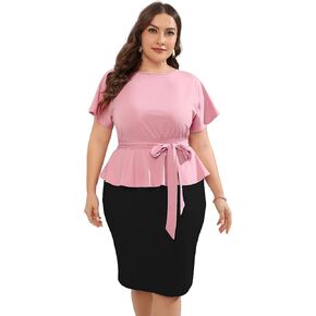 KOJOOIN Women Plus Size Bodycon Elegant Midi Dress Peplum Business Work Office Sheath Pencil Cocktail Party Dress with Belt