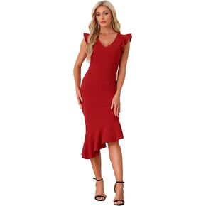 Allegra K V Neck Ruffle Sleeve Bodycon Sheath Dress for Women's Irregular Hem Cocktail Party Work Dresses