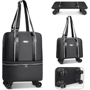 Foldable Travel Bag Expandable Rolling Duffle Bag with Wheels, 2 Layer Luggage Bag Weekend Travel Bag Large Carry on Bag for Women and Men, Black