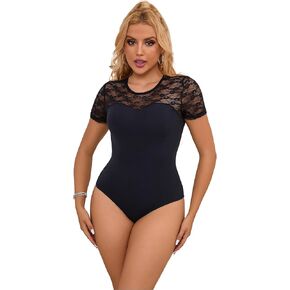 ohyeahlady Womens Lace Crew Neck Short Sleeve Bodysuit Tops Soft One Piece Body Suit for Womens Breathable S-XXL