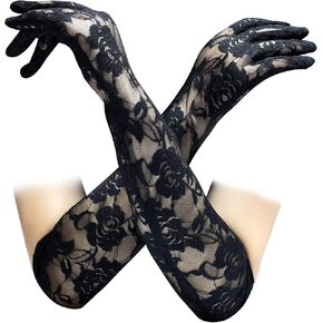 TOPOQ Long Black Lace Gloves Sexy Black Wedding Gloves Evening Gloves Opera Gloves 1920s Party Gloves Elbow Length 17in