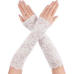 White Lace Arm Sleeves Women Fingerless Long Lace Gloves 30cm Bridal Banquet Prom Formal Dress Opera 1920s Lace Soft Breathable Masquerade Wedding Gloves Lace Sleeves to Cover Arms for Women(White)