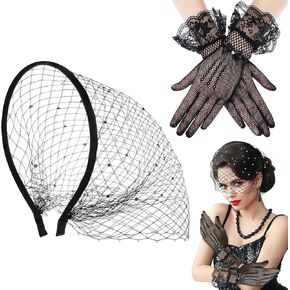 Black Mesh Veil Fascinator Headband 1920s Headpiece & Lace Gloves, Bridal Veil with Rhinestones, for Wedding Tea Party, Cocktail Party, Carnival Christmas for Girls Women