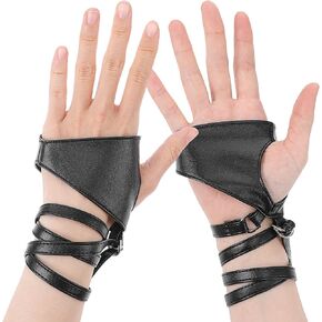 Punk Gloves, PU Leather Half Palm Fingerless Gloves Black Cycling Driving Motorcycle Gloves Night Bar Band Up Gothic Gloves for Halloween Performance Costume Cosplay