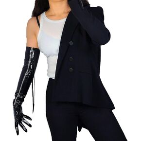 DooWay Women Opera Leather Faux Leather Gloves with Side Sleeve Zipper Shiny Black 24inches