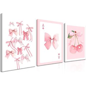 Trendy Pink Bows Canvas Wall Art Set of 3, Vintage Preppy Cherry Posters Prints, Pink Girly Room Aesthetic Wall Decor Painting for College Apartment Living Room Bedroom 12x16 In Framed
