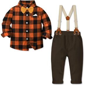 SANGTREE Toddler Baby Boy Dress Clothes Long Sleeve Bowtie Shirts Suspenders Pants Gentleman Outfit Suits Kid, Lavender, Tag 110 = 2-3Y