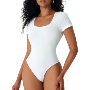 MOVWIN Women’s Bodysuit Tummy Control Seamless Short Sleeve Body Suit Shapewear Thong Square Neck Body Sculpting Shaper in Saudi Arabia