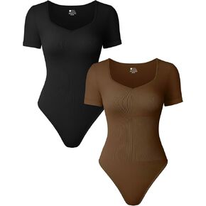 TOB Women's 2 Piece Bodysuits Sexy Ribbed Short Sleeve Heart Neck Stretch Tops Bodysuits