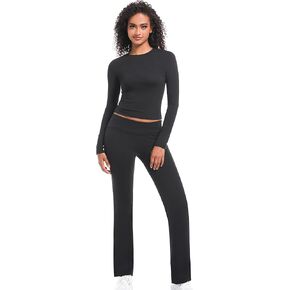 2 Piece Lounge Sets for Women Casual Long Sleeve Crop Top Fold Over Flare Yoga Leggings Pants Outfits Pajamas Set