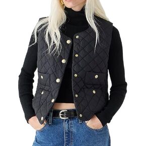 Womens Puffer Vest Button Down Outerwear Gilet Vest Lightweight Padded Tweed Sleeveless Jackets with Pocket