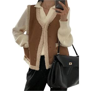 SOLY HUX Women's Faux Suede Vest V Neck Sleeveless Button Down Fuzzy Jacket Outerwear with Pockets