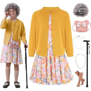 100 Days of School Old Lady Costume for Kids 100th Grandma Granny Dress up for Girls